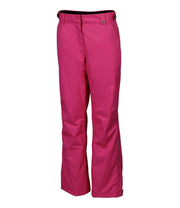 A pair of women's pink ski pants with zippered hand pockets, and an adjustable waistband with belt loops.