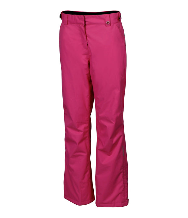 A pair of women's pink ski pants with zippered hand pockets, and an adjustable waistband with belt loops.