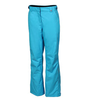A pair of women's blue ski pants with zippered hand pockets, and an adjustable waistband with belt loops.