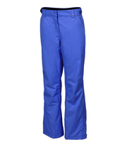 A pair of women's purple ski pants with zippered hand pockets, and an adjustable waistband with belt loops.