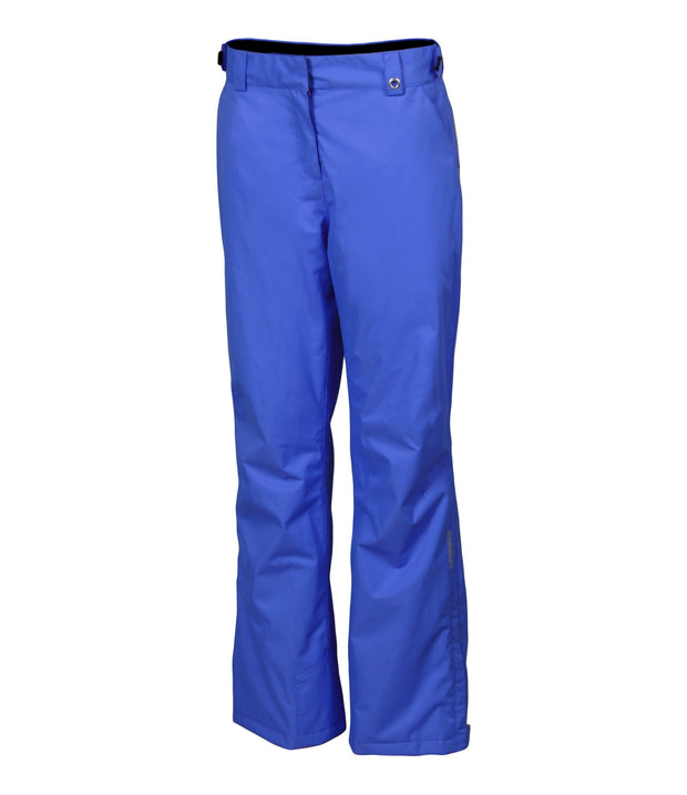 A pair of women's purple ski pants with zippered hand pockets, and an adjustable waistband with belt loops.
