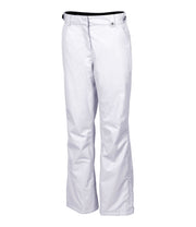 A pair of women's white ski pants with zippered hand pockets, and an adjustable waistband with belt loops.