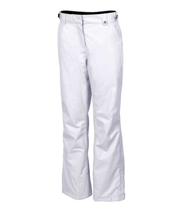 A pair of women's white ski pants with zippered hand pockets, and an adjustable waistband with belt loops.