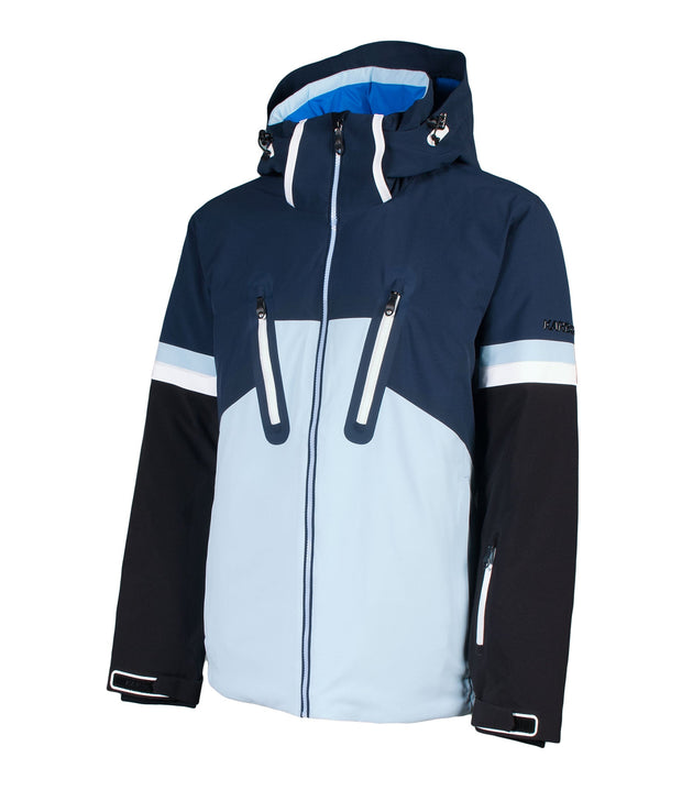 A color-blocked jacket with a navy upper section, icy blue lower body, and black sleeves. The jacket features vertical zippered chest pockets with white trim, zippered hand pockets, and an adjustable hood with white and light blue detailing. The sleeves have icy blue and white stripe accents near the elbows.