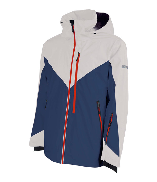 A two-tone men's jacket with a grey hood, shoulders, and upper sleeves, paired with a navy body and lower sleeves. The jacket features a bold V-shaped color block design, a front zip closure, zippered hand pockets, a zippered chest pocket, and an adjustable hood.