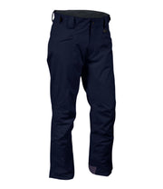 A pair of navy blue shell pants with zippered hand pockets, and an adjustable waistband with belt loops.