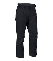 A pair of black blue shell pants with zippered hand pockets, and an adjustable waistband with belt loops.