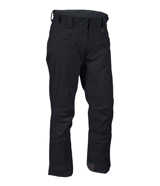 A pair of black blue shell pants with zippered hand pockets, and an adjustable waistband with belt loops.