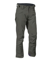 A pair of green snow pants with zippered hand pockets, and an adjustable waistband with belt loops.
