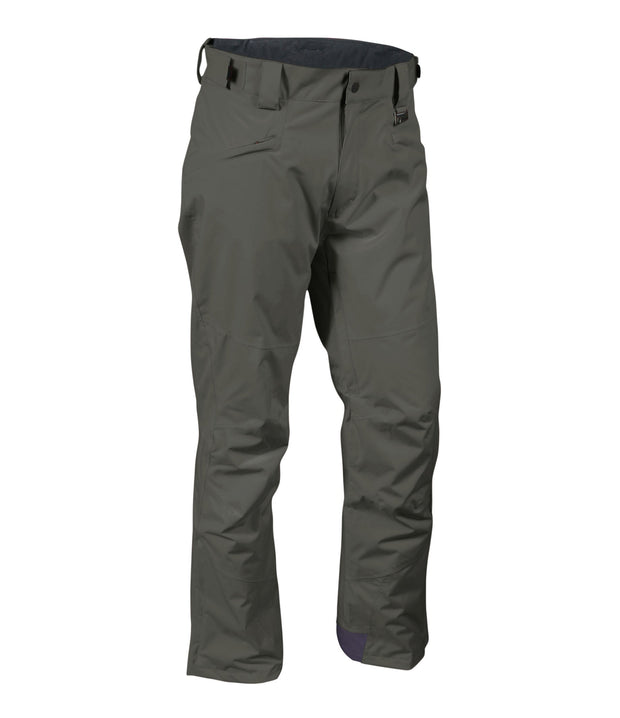 A pair of green snow pants with zippered hand pockets, and an adjustable waistband with belt loops.