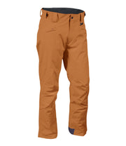 A pair of brown shell pants with zippered hand pockets, and an adjustable waistband with belt loops.