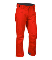 A pair of red shell pants with zippered hand pockets, and an adjustable waistband with belt loops.