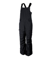 A pair of black insulated bib pants with black suspenders, featuring multiple pockets and front zippered closures, designed for women's winter wear.