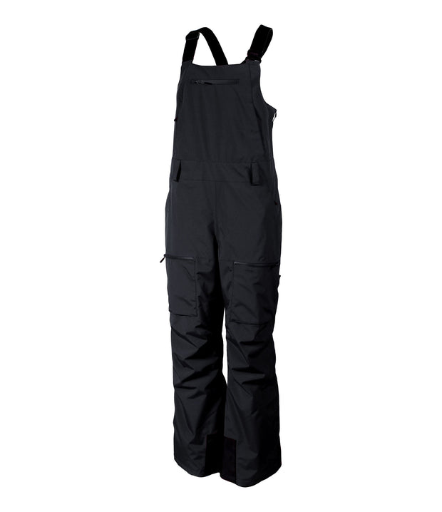 A pair of black insulated bib pants with black suspenders, featuring multiple pockets and front zippered closures, designed for women's winter wear.