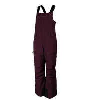 A pair of maroon insulated bib pants with black suspenders, featuring multiple pockets and front zippered closures, designed for women's winter wear.