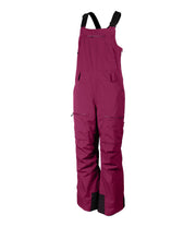 A pair of purple insulated bib pants with black suspenders, featuring multiple pockets and front zippered closures, designed for women's winter wear.