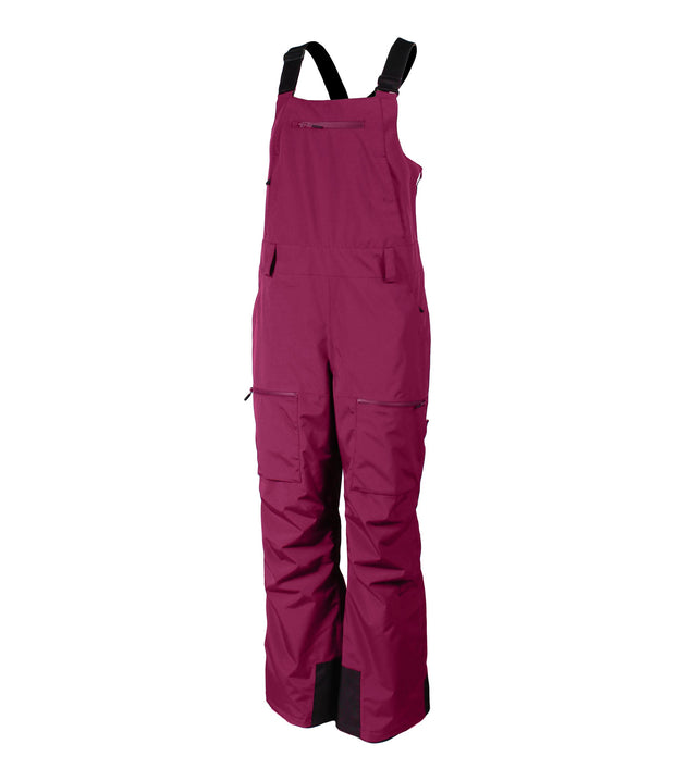 A pair of purple insulated bib pants with black suspenders, featuring multiple pockets and front zippered closures, designed for women's winter wear.