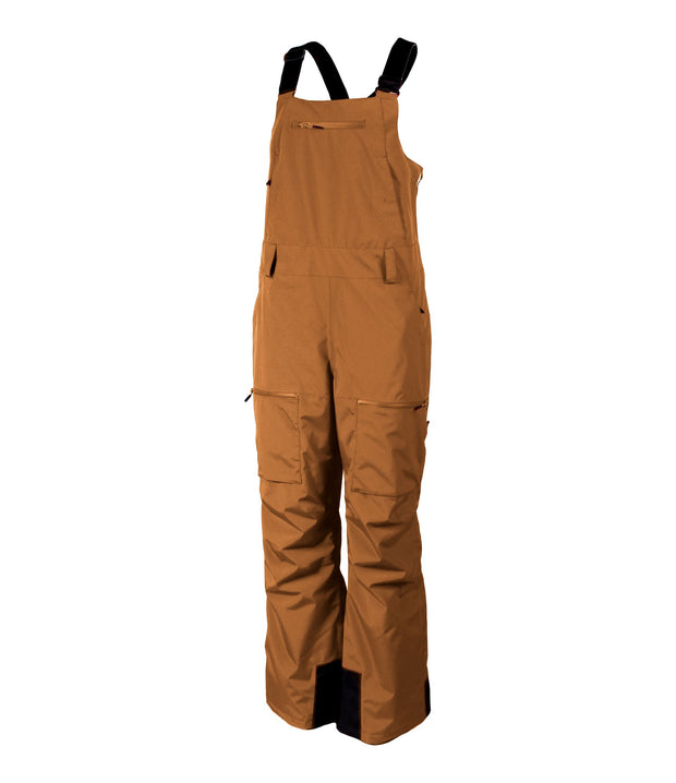 A pair of brown insulated bib pants with black suspenders, featuring multiple pockets and front zippered closures, designed for women's winter wear.