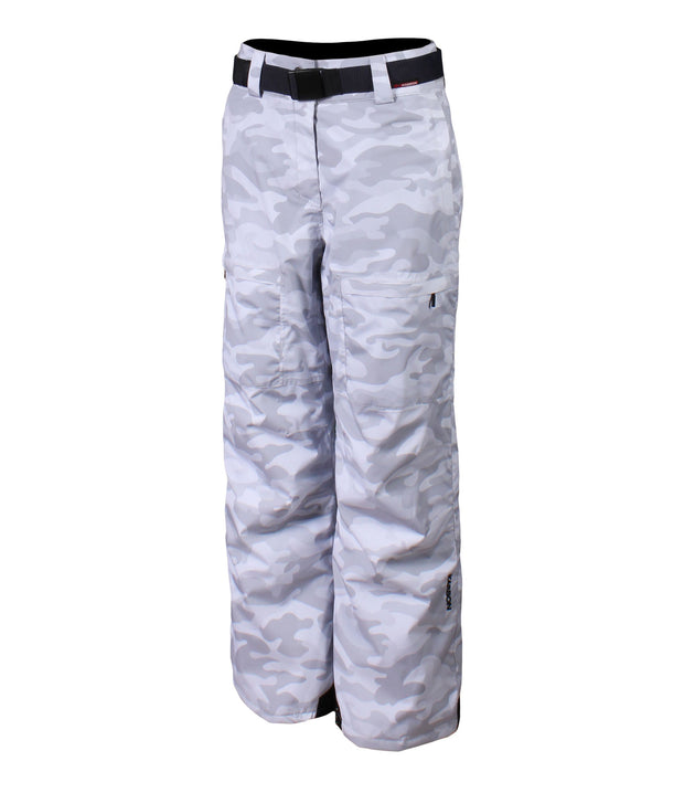 White camouflage pants with a black belt and zippered hand pockets.