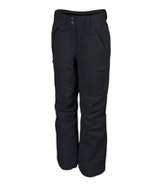 A pair of women's black ski pants with zippered hand pockets, and an adjustable waistband with belt loops.