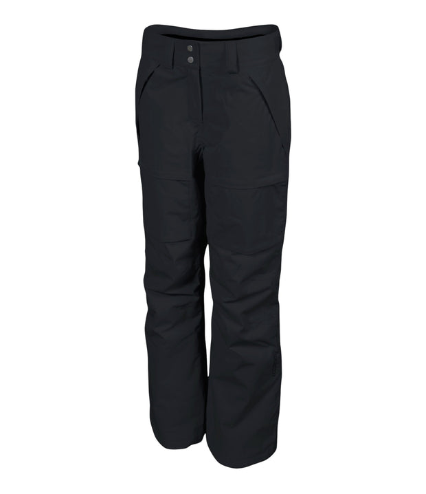 A pair of women's black ski pants with zippered hand pockets, and an adjustable waistband with belt loops.