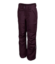 A pair of women's maroon ski pants with zippered hand pockets, and an adjustable waistband with belt loops.