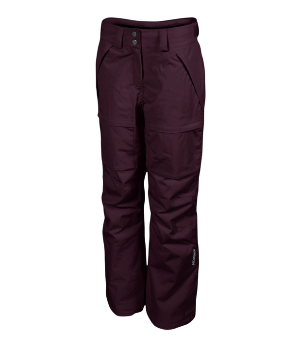 A pair of women's maroon ski pants with zippered hand pockets, and an adjustable waistband with belt loops.