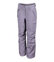 A pair of women's purple ski pants with zippered hand pockets, and an adjustable waistband with belt loops.