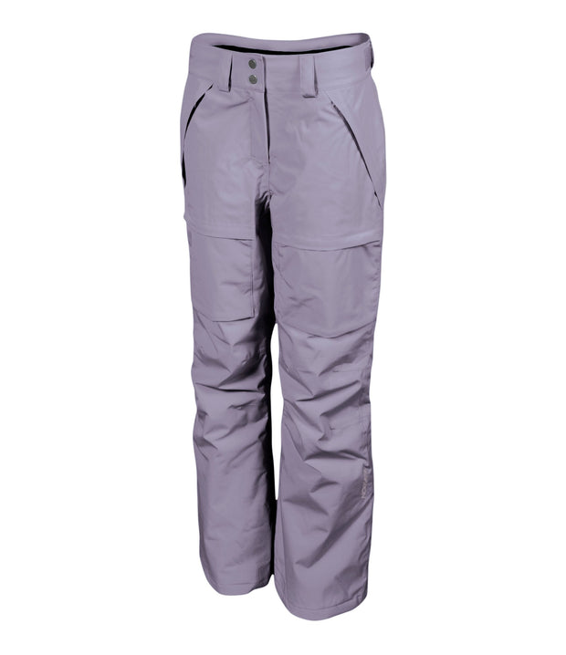 A pair of women's purple ski pants with zippered hand pockets, and an adjustable waistband with belt loops.