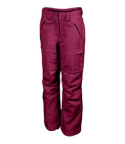 A pair of women's maroon ski pants with zippered hand pockets, and an adjustable waistband with belt loops.