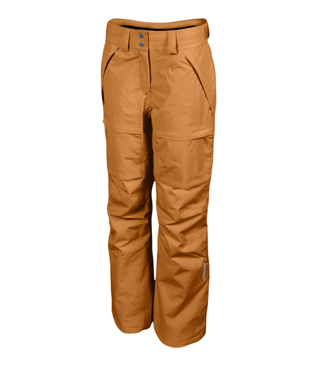 A pair of women's brown ski pants with zippered hand pockets, and an adjustable waistband with belt loops.