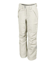 A pair of women's white ski pants with zippered hand pockets, and an adjustable waistband with belt loops.