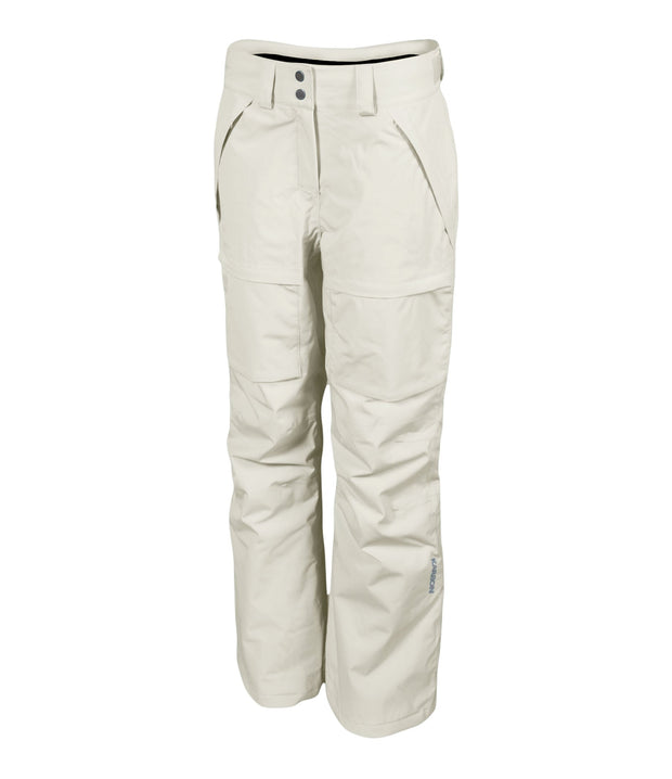 A pair of women's white ski pants with zippered hand pockets, and an adjustable waistband with belt loops.