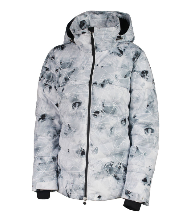 A women's insulated puffer jacket with light grey with black abstract pattern, featuring a hood, zip closure, and designed for winter wear.