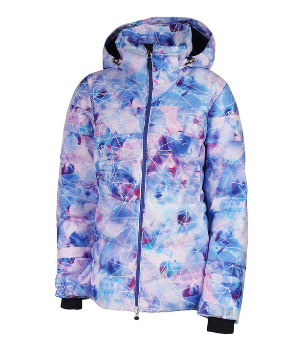 A women's insulated puffer jacket with multicolored patterned print, featuring a hood, zip closure, and designed for winter wear.