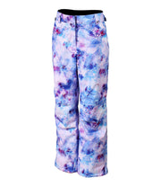 A pair of women's insulated pants with a geometric pattern in shades of purple, pink, blue, and white.