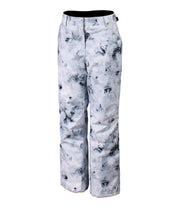 A pair of women's insulated pants with a geometric pattern in shades of black, grey, white.