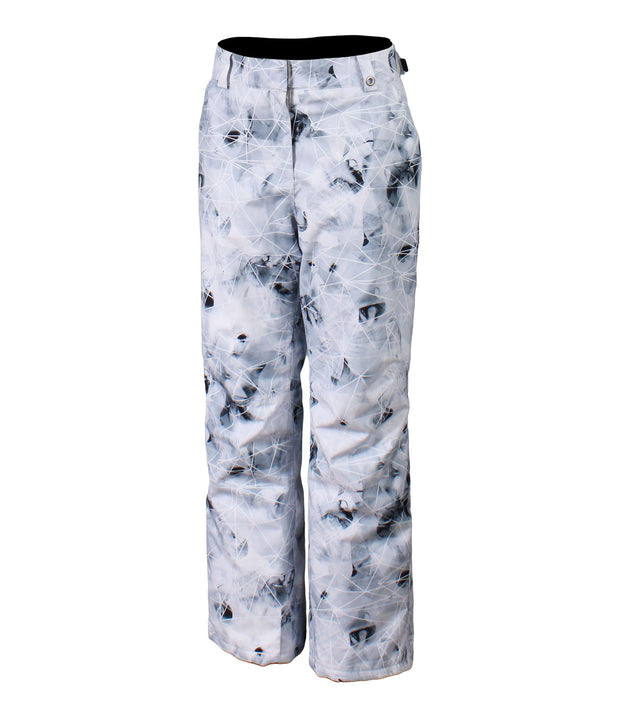 A pair of women's insulated pants with a geometric pattern in shades of black, grey, white.