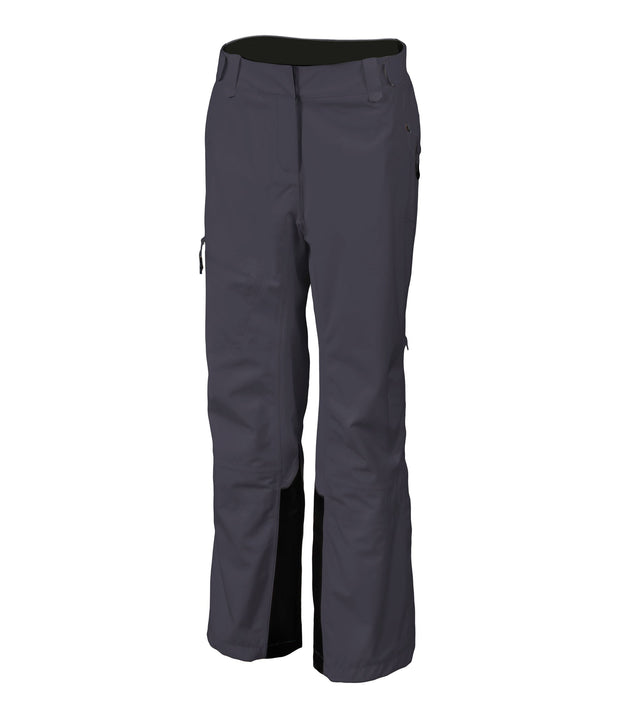 A pair of women's grey shell pants with half side zippers, zippered hand pockets and an adjustable waistband.