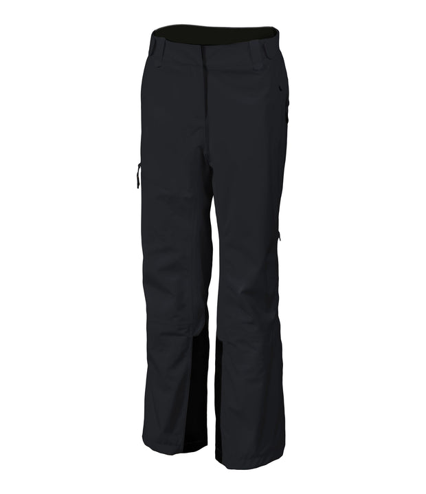 A pair of women's black shell pants with half side zippers, zippered hand pockets and an adjustable waistband.