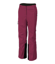 A pair of women's dark pink shell pants with half side zippers, zippered hand pockets and an adjustable waistband.