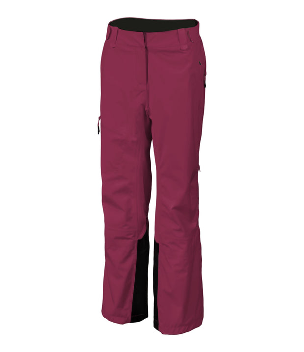 A pair of women's dark pink shell pants with half side zippers, zippered hand pockets and an adjustable waistband.
