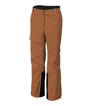 A pair of women's brown shell pants with half side zippers, zippered hand pockets and an adjustable waistband.