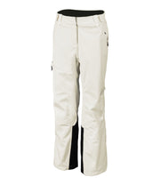 A pair of women's white shell pants with half side zippers, zippered hand pockets and an adjustable waistband.
