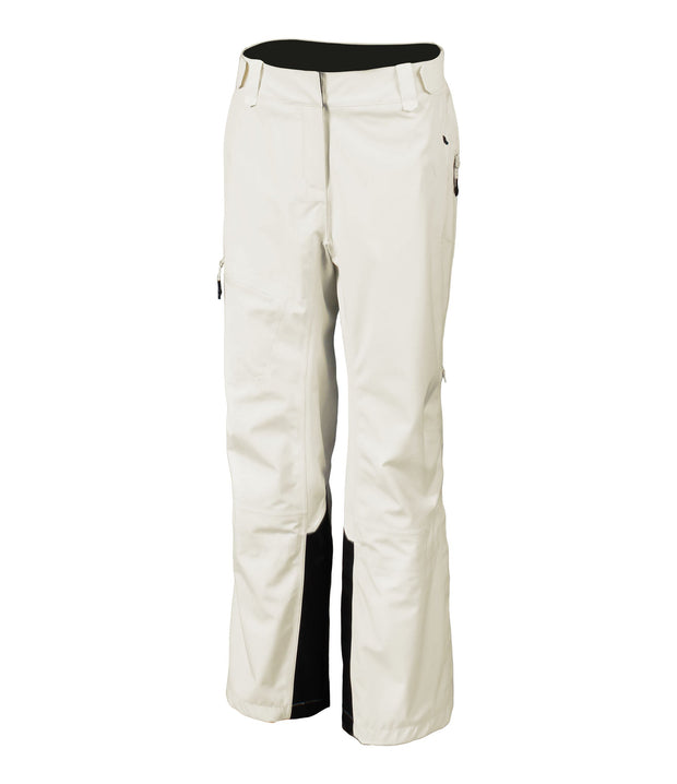 A pair of women's white shell pants with half side zippers, zippered hand pockets and an adjustable waistband.