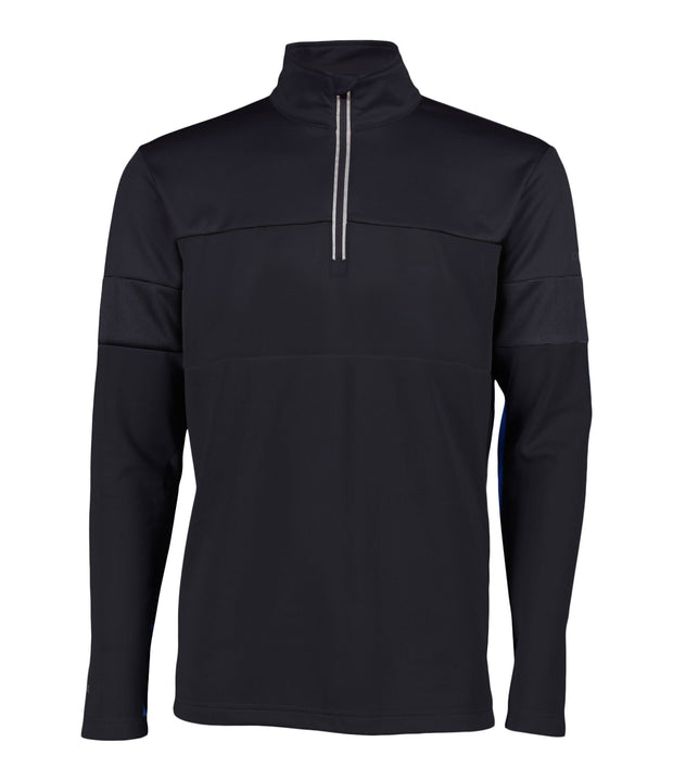 Men’s 1/4 zip base layer in black and a black zipper.