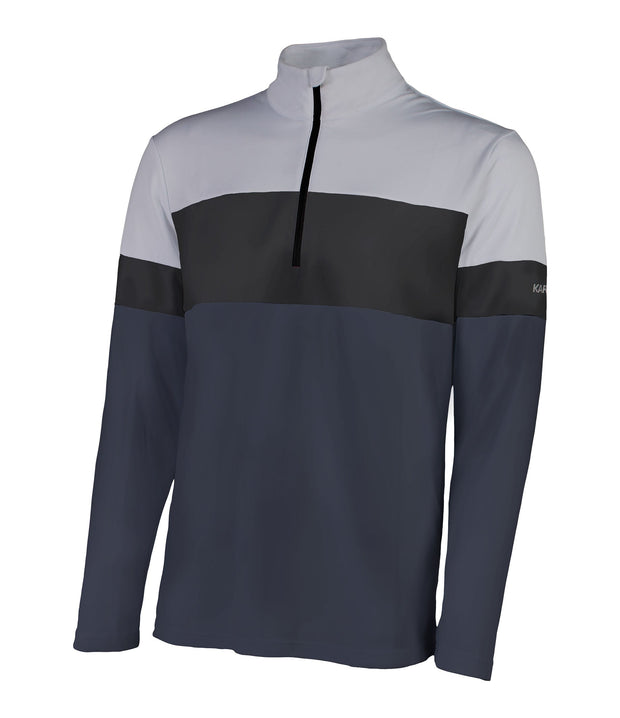 Men’s 1/4 zip base layer in grey, black, and dark grey with contrast color blocking and a black zipper.