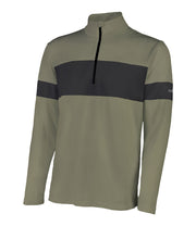Men’s 1/4 zip base layer in green and black with contrast color blocking and a black zipper.