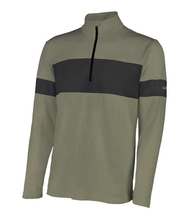 Men’s 1/4 zip base layer in green and black with contrast color blocking and a black zipper.