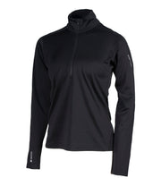 A black women's 1/4 zip base layer with a black zip and reflective logo on the left sleeve.